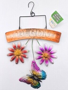 NWT Trueliving Rustic Metal Butterfly Welcome Sign Floral Outdoor Garden Decor